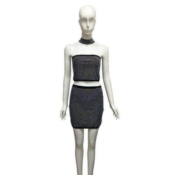 Planet Gates Black / L Autumn Sexy Two Piece Sets Women Fashion Party Club Wear Crystal Halter Crop Top and Bodycon Mini Skirt 2 Piece Dress Set