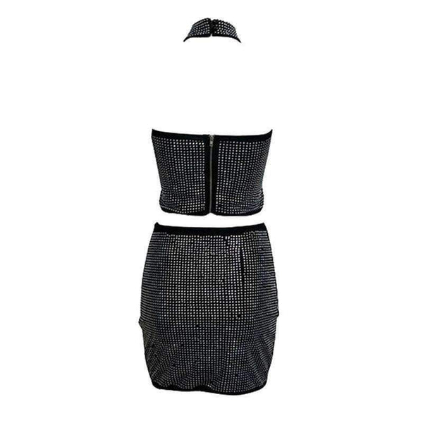 Planet Gates Black / L Autumn Sexy Two Piece Sets Women Fashion Party Club Wear Crystal Halter Crop Top and Bodycon Mini Skirt 2 Piece Dress Set