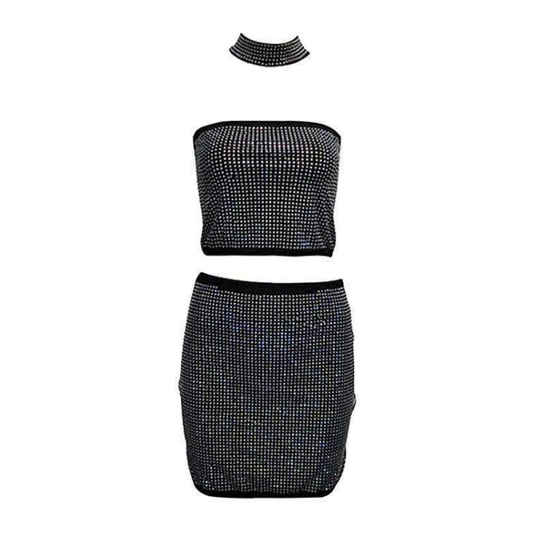 Planet Gates Black / L Autumn Sexy Two Piece Sets Women Fashion Party Club Wear Crystal Halter Crop Top and Bodycon Mini Skirt 2 Piece Dress Set