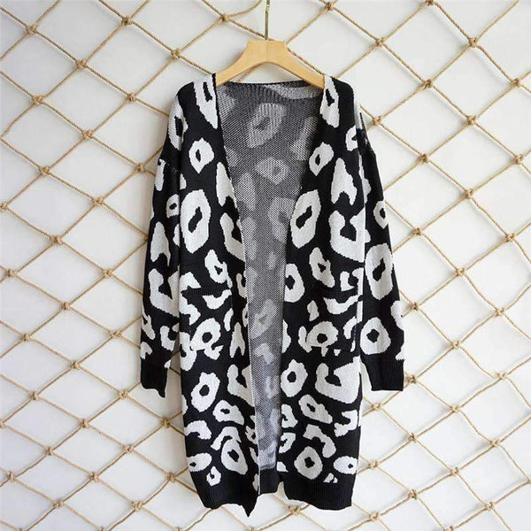 Planet Gates Black / L Autumn Winter Leopard Print Knitted Long Cardigan Women 2018 Casual Style Pocket Open Stitch Sweater Tops Outwear Jumper