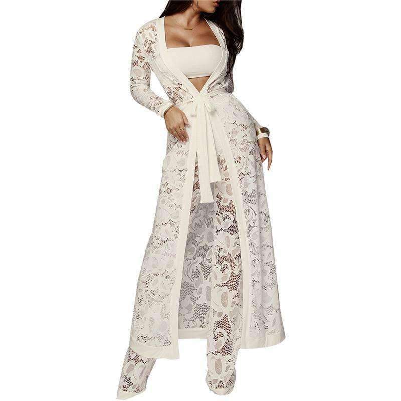 Planet Gates Black / L Autumn Winter Outfits Lace 3 Piece Set Women Long Cardigan + Crop Top + White Lace Pants Set Three Piece Outfits Women Set