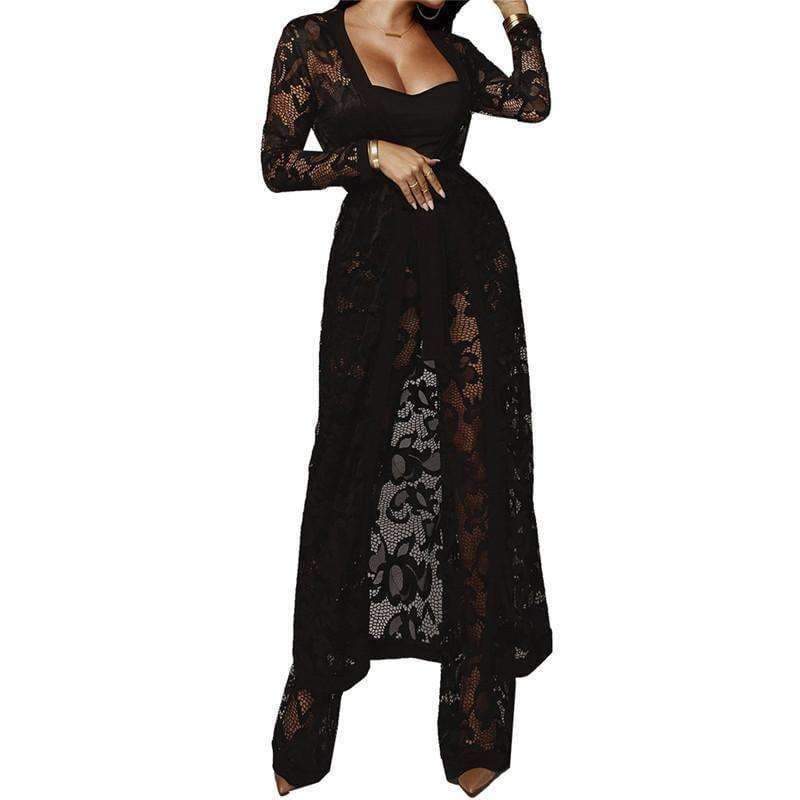 Planet Gates Black / L Autumn Winter Outfits Lace 3 Piece Set Women Long Cardigan + Crop Top + White Lace Pants Set Three Piece Outfits Women Set