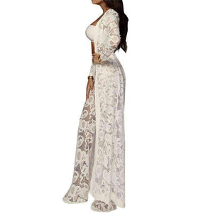 Planet Gates Black / L Autumn Winter Outfits Lace 3 Piece Set Women Long Cardigan + Crop Top + White Lace Pants Set Three Piece Outfits Women Set