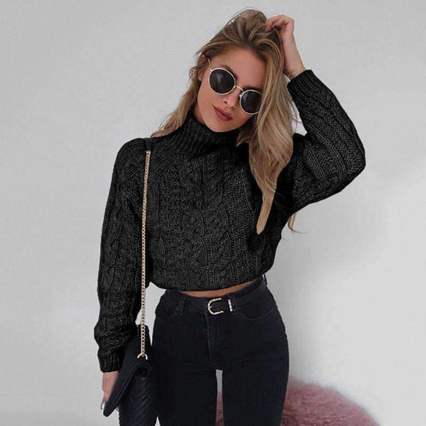 Planet Gates Black / L Autumn Winter Turtleneck Crop Sweater Women Casual Solid Twist Short Pullover Sexy Thick Jumper LMM112