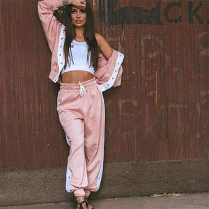 Planet Gates Black / L Autumn Winter Women's Sets 2 Pieces Set Hoodies Loose Pant Tracksuit Side Stripe with Button Side Split Women Fitness Wear