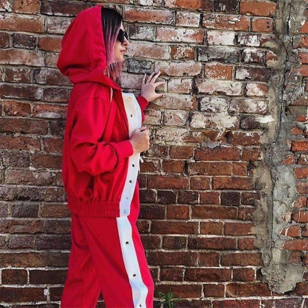 Planet Gates Black / L Autumn Winter Women's Sets 2 Pieces Set Hoodies Loose Pant Tracksuit Side Stripe with Button Side Split Women Fitness Wear