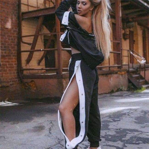 Planet Gates Black / L Autumn Winter Women's Sets 2 Pieces Set Hoodies Loose Pant Tracksuit Side Stripe with Button Side Split Women Fitness Wear
