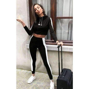 Planet Gates Black / L Autumn Women Two Piece Set Tracksuit Outfits Sport Suits Woman 2 Piece Pants Sets Women Striped Hoodies Sweatshirt Crop Top