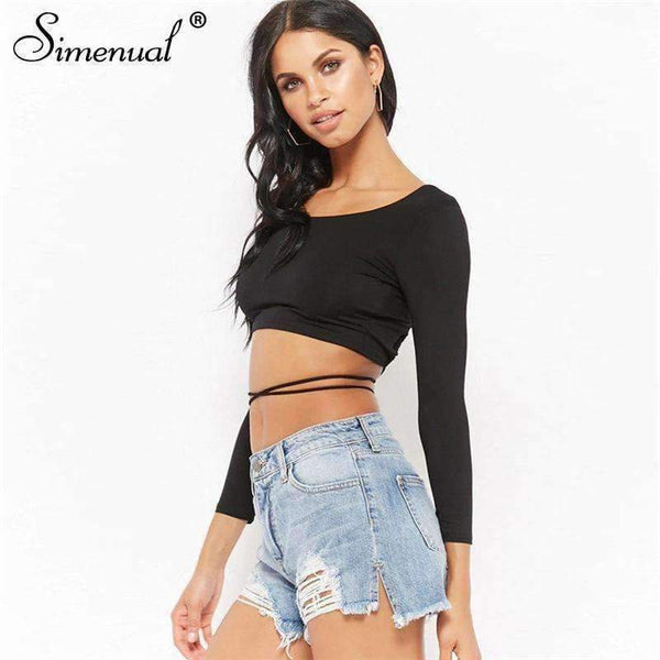 Planet Gates black / L Backless lace up female t-shirt 2018 autumn fashion long sleeve crop top t-shirts for women sexy slim black tee shirt