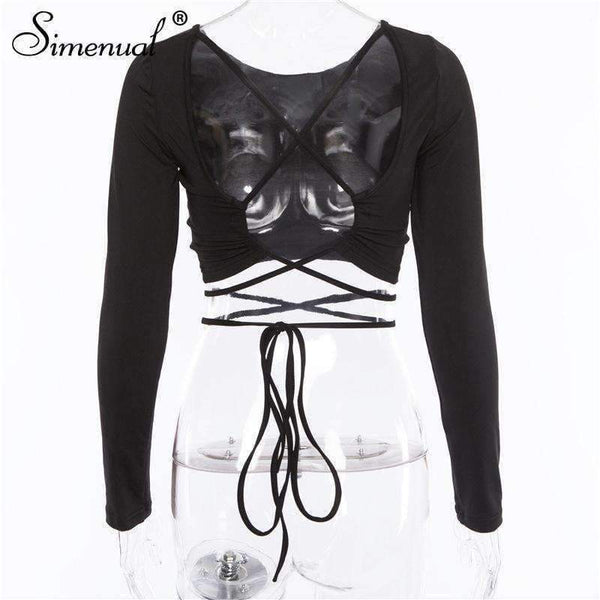 Planet Gates black / L Backless lace up female t-shirt 2018 autumn fashion long sleeve crop top t-shirts for women sexy slim black tee shirt