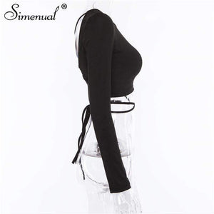 Planet Gates black / L Backless lace up female t-shirt 2018 autumn fashion long sleeve crop top t-shirts for women sexy slim black tee shirt