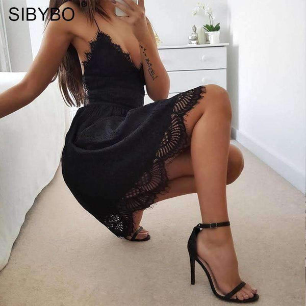 Planet Gates Black / L Backless Spaghetti Strap Sexy Lace Dress Women Sleeveless V-Neck Loose Summer Dress Cotton Black Elegant Party Dresses