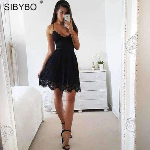 Planet Gates Black / L Backless Spaghetti Strap Sexy Lace Dress Women Sleeveless V-Neck Loose Summer Dress Cotton Black Elegant Party Dresses