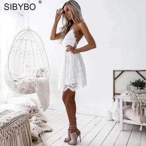 Planet Gates Black / L Backless Spaghetti Strap Sexy Lace Dress Women Sleeveless V-Neck Loose Summer Dress Cotton Black Elegant Party Dresses