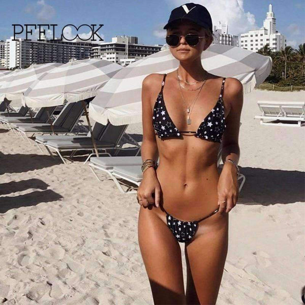 Planet Gates black / L Bikini Set Five-pointed Star Printing Women Swimsuit Bandage Swimming Suit Two-Pieces Swimwear Dropship