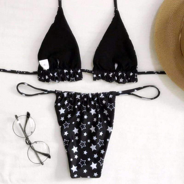 Planet Gates black / L Bikini Set Five-pointed Star Printing Women Swimsuit Bandage Swimming Suit Two-Pieces Swimwear Dropship