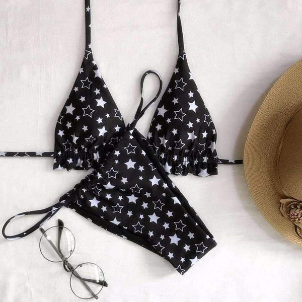 Planet Gates black / L Bikini Set Five-pointed Star Printing Women Swimsuit Bandage Swimming Suit Two-Pieces Swimwear Dropship