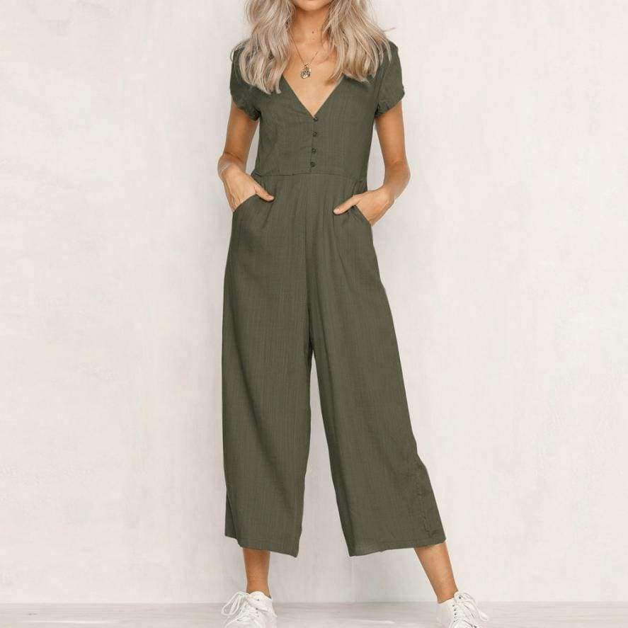 Planet Gates Black / L / China Summer womens romper  V-Neck Short Sleeve Strappy Holiday Long Playsuits Trouser Jumpsuit mamelucos womens jumpsuit  x3067