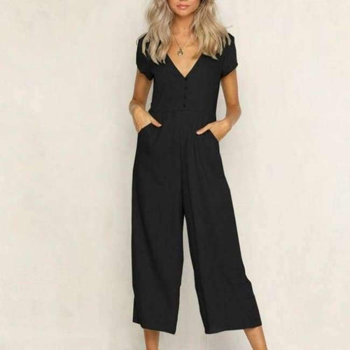 Planet Gates Black / L / China Summer womens romper  V-Neck Short Sleeve Strappy Holiday Long Playsuits Trouser Jumpsuit mamelucos womens jumpsuit  x3067
