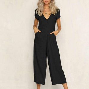 Planet Gates Black / L / China Summer womens romper  V-Neck Short Sleeve Strappy Holiday Long Playsuits Trouser Jumpsuit mamelucos womens jumpsuit  x3067