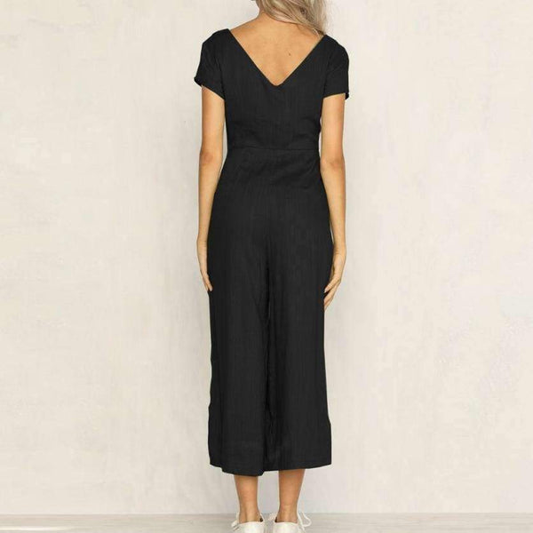 Planet Gates Black / L / China Summer womens romper  V-Neck Short Sleeve Strappy Holiday Long Playsuits Trouser Jumpsuit mamelucos womens jumpsuit  x3067