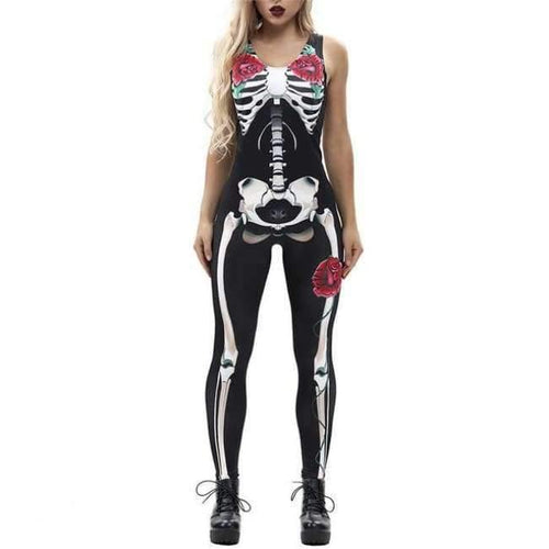 Planet Gates black / L / China Women Rose Print Skeleton Horror Costume Sleeveless Skinny Jumpsuits Female Cosplay Bodysuits 80814