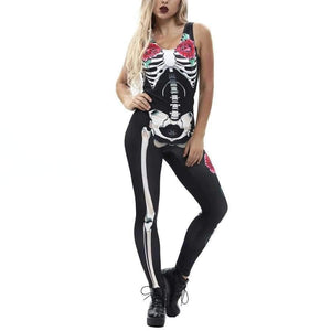 Planet Gates black / L / China Women Rose Print Skeleton Horror Costume Sleeveless Skinny Jumpsuits Female Cosplay Bodysuits 80814
