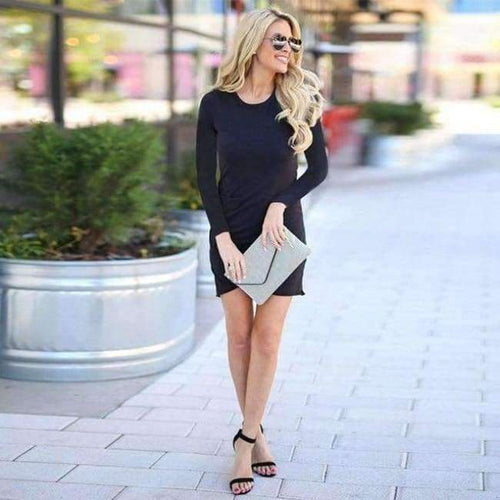 Planet Gates Black / L Fashion Draped Autumn Bodycon Dress 2018 Women Asymmetric Hem Solid Casual Long Sleeve O-Neck Knitting Dress Party Dresses