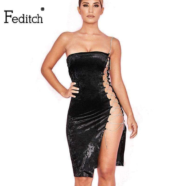 Planet Gates Black / L Fashion summer Dress Chic Mini  Women Dress Party Left Chain Velvet Dresses Hollow out Robe Femme bodycon Vestidos
