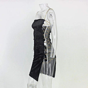 Planet Gates Black / L Fashion summer Dress Chic Mini  Women Dress Party Left Chain Velvet Dresses Hollow out Robe Femme bodycon Vestidos