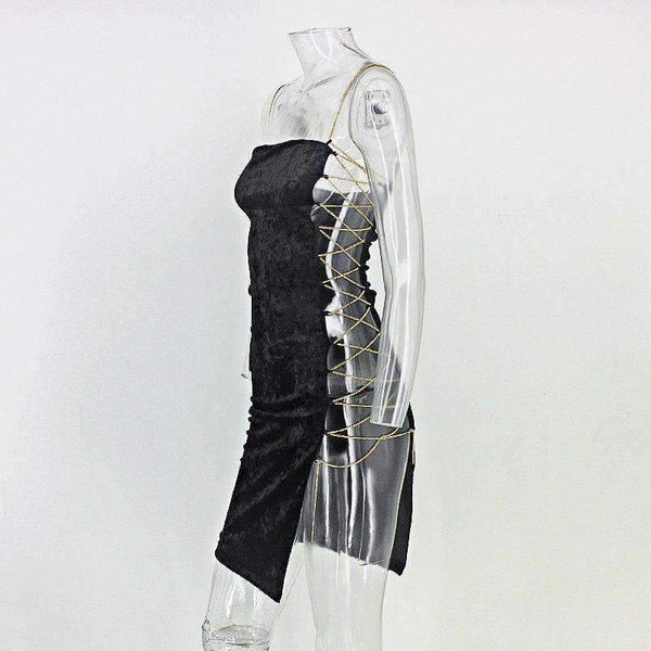 Planet Gates Black / L Fashion summer Dress Chic Mini  Women Dress Party Left Chain Velvet Dresses Hollow out Robe Femme bodycon Vestidos