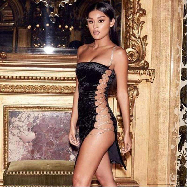 Planet Gates Black / L Fashion summer Dress Chic Mini  Women Dress Party Left Chain Velvet Dresses Hollow out Robe Femme bodycon Vestidos