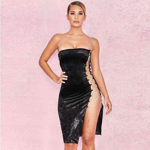 Planet Gates Black / L Fashion summer Dress Chic Mini  Women Dress Party Left Chain Velvet Dresses Hollow out Robe Femme bodycon Vestidos