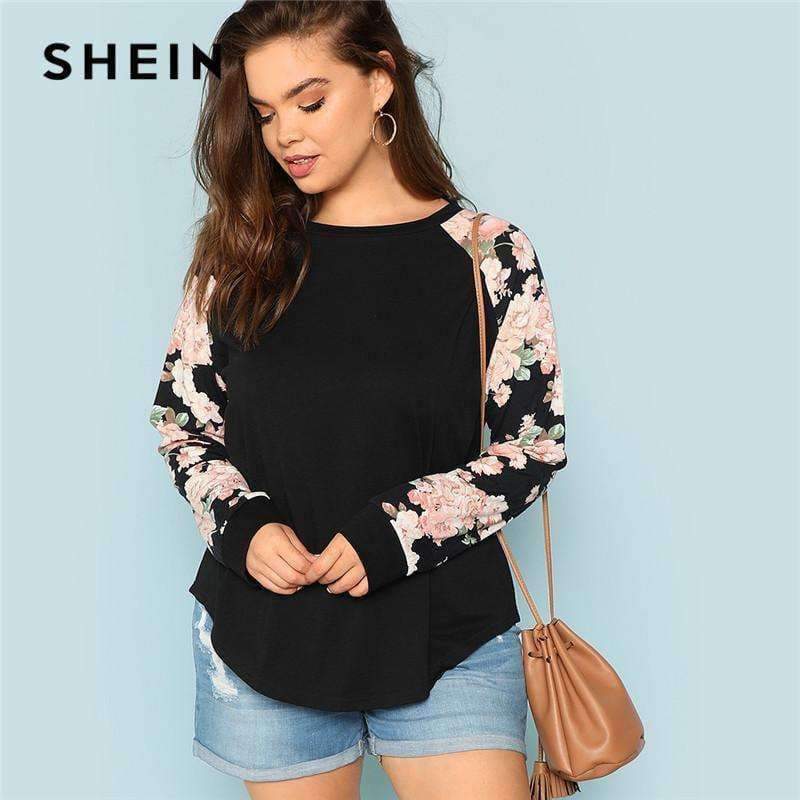 Planet Gates Black / L Floral Print Raglan Sleeve Casual Plus Size Black Womens Top Tees 2018 Autumn New Round Neck Long Sleeve Workwear T Shirt