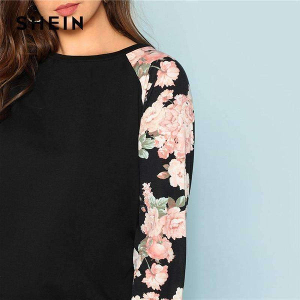 Planet Gates Black / L Floral Print Raglan Sleeve Casual Plus Size Black Womens Top Tees 2018 Autumn New Round Neck Long Sleeve Workwear T Shirt