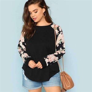Planet Gates Black / L Floral Print Raglan Sleeve Casual Plus Size Black Womens Top Tees 2018 Autumn New Round Neck Long Sleeve Workwear T Shirt