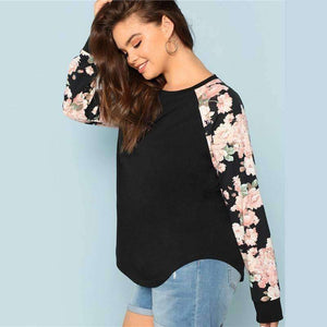 Planet Gates Black / L Floral Print Raglan Sleeve Casual Plus Size Black Womens Top Tees 2018 Autumn New Round Neck Long Sleeve Workwear T Shirt