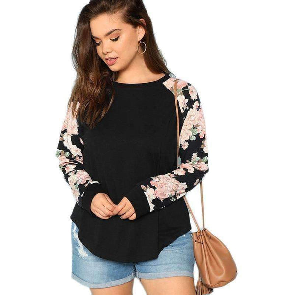 Planet Gates Black / L Floral Print Raglan Sleeve Casual Plus Size Black Womens Top Tees 2018 Autumn New Round Neck Long Sleeve Workwear T Shirt