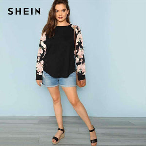 Planet Gates Black / L Floral Print Raglan Sleeve Casual Plus Size Black Womens Top Tees 2018 Autumn New Round Neck Long Sleeve Workwear T Shirt