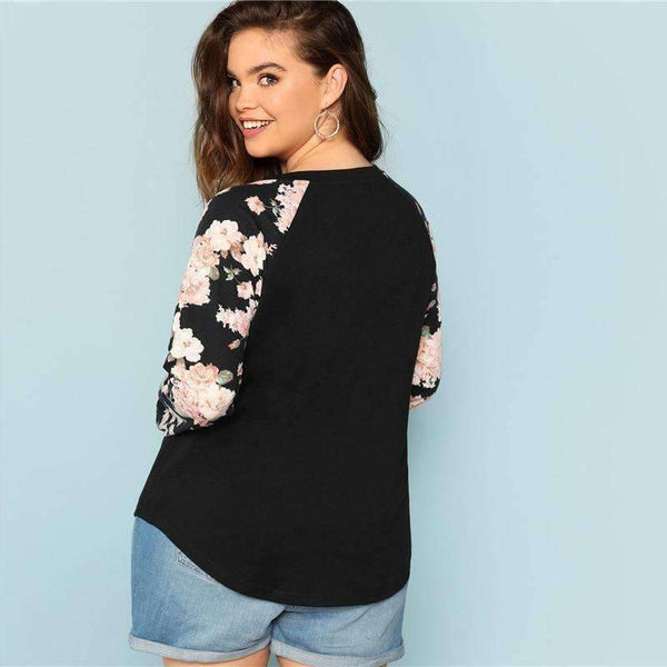 Planet Gates Black / L Floral Print Raglan Sleeve Casual Plus Size Black Womens Top Tees 2018 Autumn New Round Neck Long Sleeve Workwear T Shirt