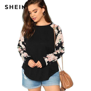 Planet Gates Black / L Floral Print Raglan Sleeve Casual Plus Size Black Womens Top Tees 2018 Autumn New Round Neck Long Sleeve Workwear T Shirt