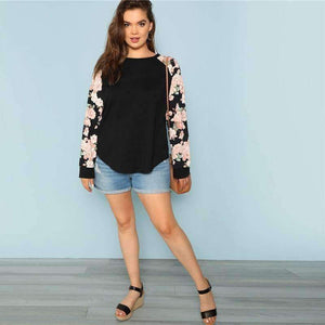 Planet Gates Black / L Floral Print Raglan Sleeve Casual Plus Size Black Womens Top Tees 2018 Autumn New Round Neck Long Sleeve Workwear T Shirt