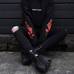Planet Gates Black / L Gothic Hoodies ALMOST DEAD Rose Pattern Sweatshirt Black Unisex Pullover Tumblr Hispter Tops