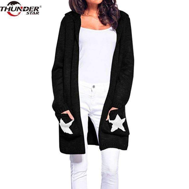 Planet Gates Black / L Hooded long sweater cardigan female Casual pockets loose autumn coat 2018 Winter sexy stars women outwear