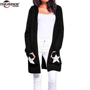 Planet Gates Black / L Hooded long sweater cardigan female Casual pockets loose autumn coat 2018 Winter sexy stars women outwear