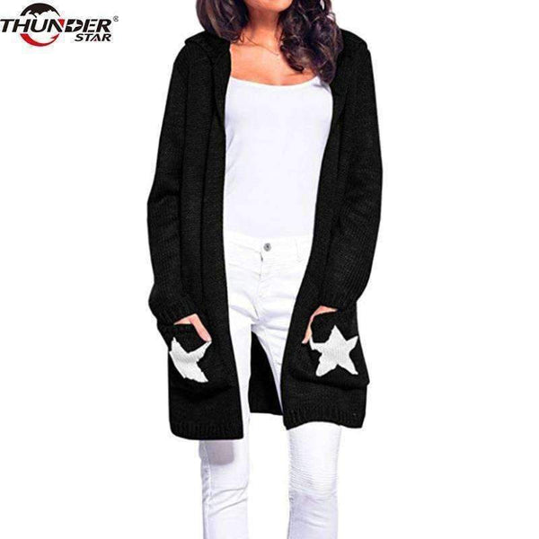 Planet Gates Black / L Hooded long sweater cardigan female Casual pockets loose autumn coat 2018 Winter sexy stars women outwear