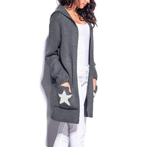 Planet Gates Black / L Hooded long sweater cardigan female Casual pockets loose autumn coat 2018 Winter sexy stars women outwear