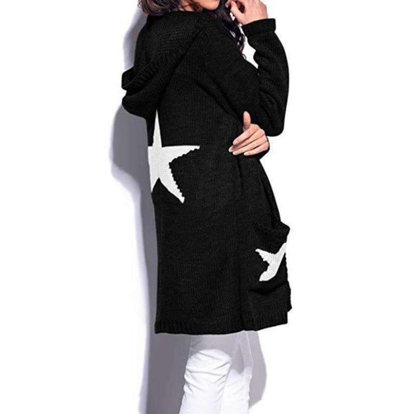 Planet Gates Black / L Hooded long sweater cardigan female Casual pockets loose autumn coat 2018 Winter sexy stars women outwear