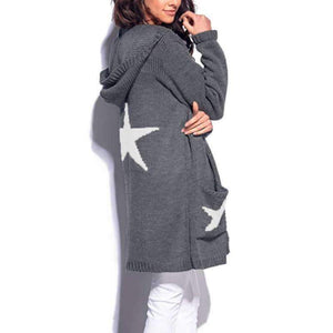 Planet Gates Black / L Hooded long sweater cardigan female Casual pockets loose autumn coat 2018 Winter sexy stars women outwear