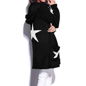 Planet Gates Black / L Hooded long sweater cardigan female Casual pockets loose autumn coat 2018 Winter sexy stars women outwear